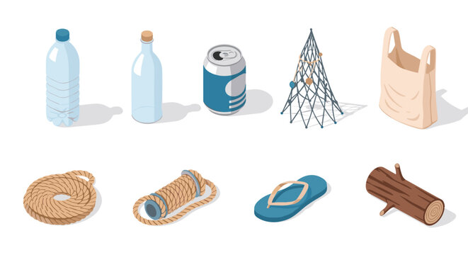 Isometric recyclable items and natural rope elements on white
