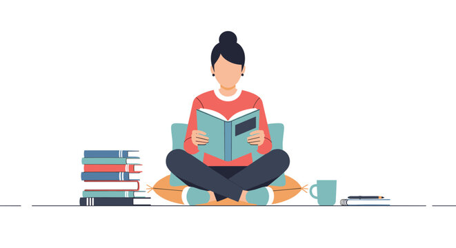 Relaxed woman reading book indoors with coffee and stack of books in