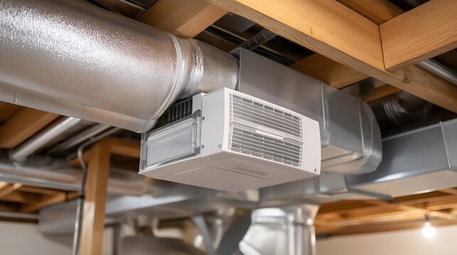 Passive house mechanical room showing compact heat recovery ventilator, efficient heat pump, and minimal ductwork in organized installation, ideal for HVAC systems, energy technology, and modern