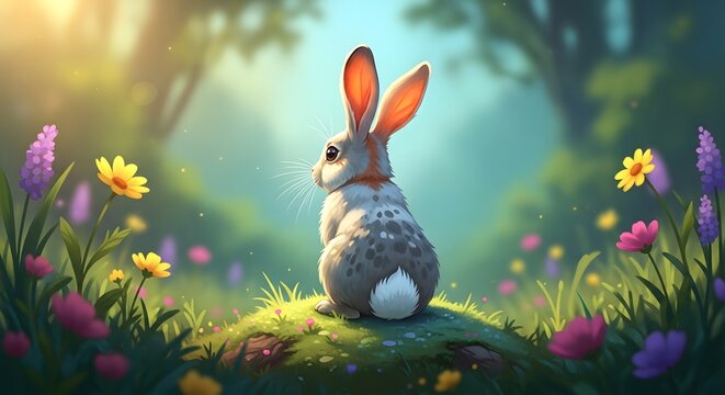 Easter sunday bunny in a vibrant spring garden with colorful flowers