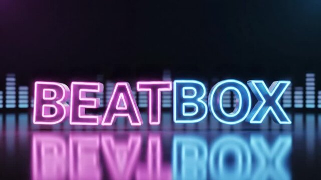 Neon illuminated Beatbox text with music frequency bars creating a modern, cool, and dynamic scene with creative style.