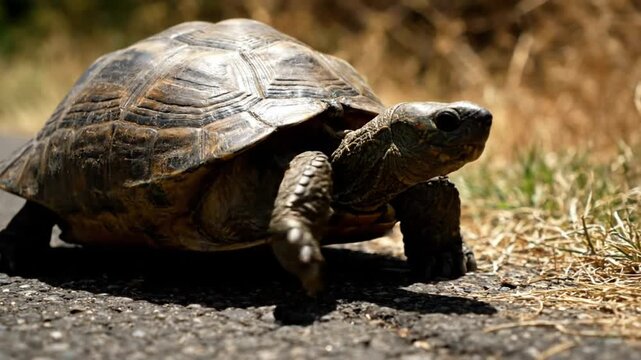 Low-angle shot of a tortoise slowly traversing a paved road in natural daylight, wildlife scenery