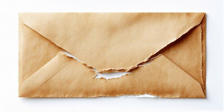 Opened brown envelope rests upon white surface. Torn edges visible, suggesting contents removed. Simple, flat composition.