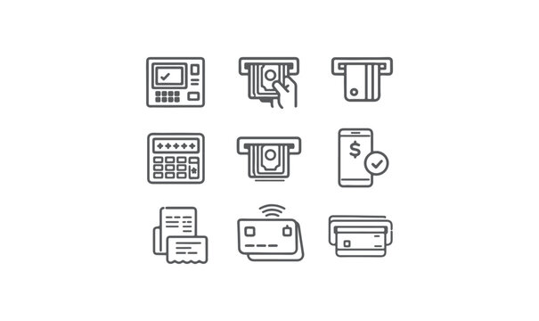 ATM and Digital Payment Outline Icon Set, Banking Transaction and Finance Line Icons Vector