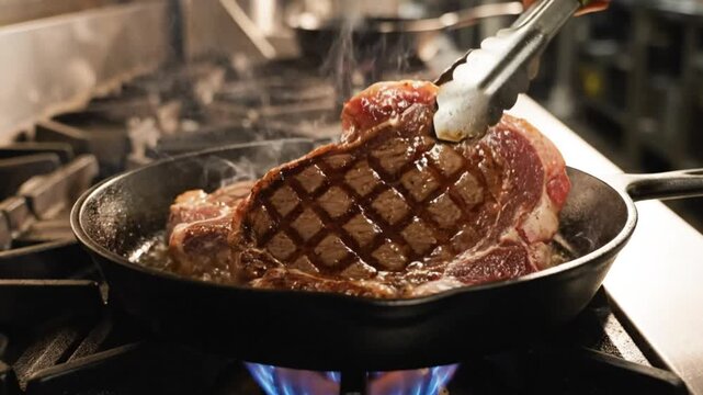 Chef searing ribeye steak on a hot cast iron skillet creating a delicious diamond pattern