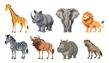 Fototapeta premium African animal collection. Wildlife set. African giraffe, rhinoceros, elephant, hippopotamus, zebra, lion, hyena.