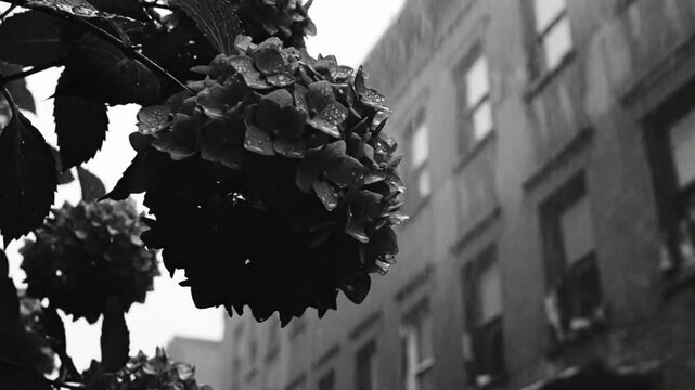 Black and white shot of hydrangea flowers in the rain with a city building in the background