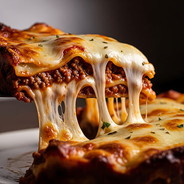 A delicious slice of lasagna with melted cheese on transparent background