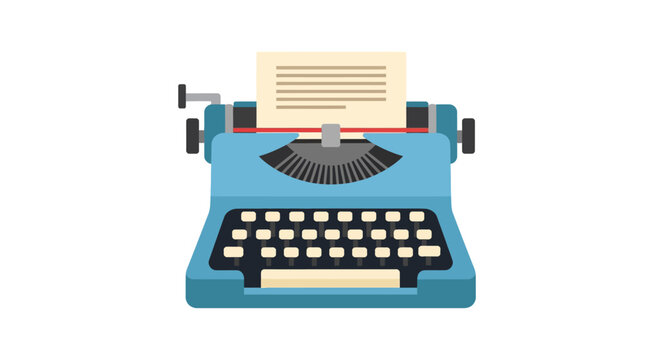 Retro blue typewriter with paper on white background