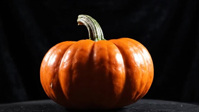 Ripe orange pumpkin with green stem isolated on a dark background showing the beauty of fall