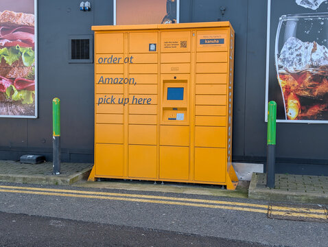 Orange Amazon Hub Locker for Self-Service Parcel Pickup