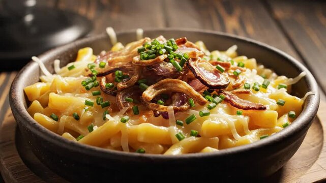 Delicious steaming cheesy macaroni and cheese with crispy fried onions and chives in a rustic bowl close up