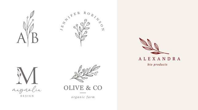 Minimalist vintage botanical logo set with initials monogram and floral line art elements