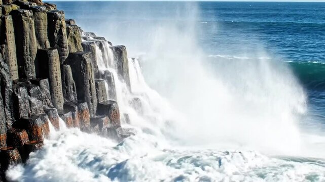 Powerful ocean waves crashing against basalt columns on the coastline creating a dramatic spectacle of nature