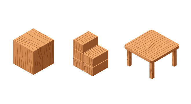 Isometric wooden furniture set with block, stacked wood, and table designs