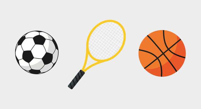 Colorful sports equipment set: soccer ball, tennis racket, basketball