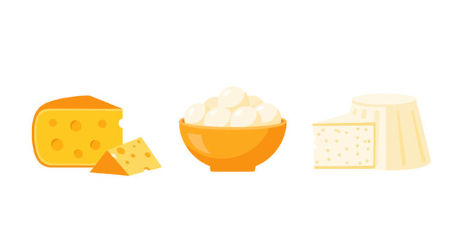 Variety of dairy products: cheese wheel, mozzarella balls, ricotta on white background