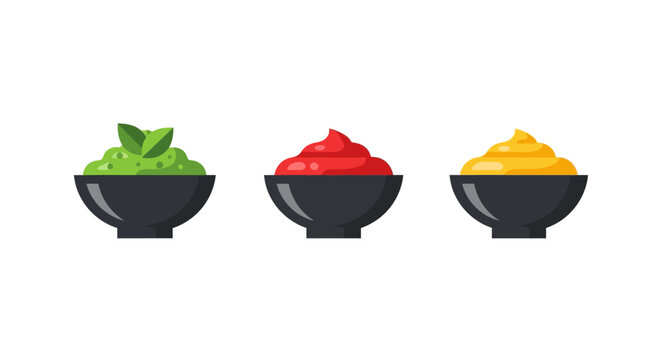 Variety of dipping sauces in bowls: green, red, yellow flat design