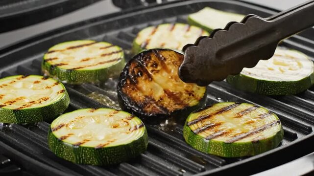 Grilled zucchini slices on a hot griddle with sear marks and steam rising, cooking process