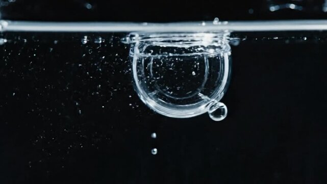 Mesmerizing close-up shot of bubble dissolving in clear liquid against a black background
