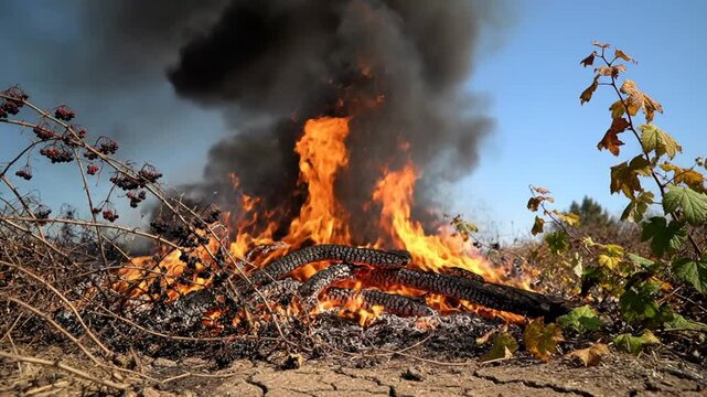 Burning brushwood with dark smoke billowing upwards on a clear blue sky background with flames and ash