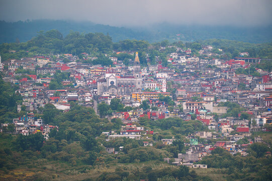 Landscape view of the magic town of Cuetzalan, Puebla, Mexico on a beautiful cloudy day