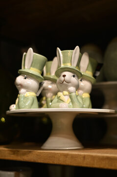 Easter holiday. Decorative Easter bunnies at the decor store.