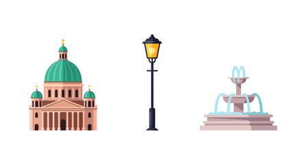 Obraz premium Iconic city landmarks with cathedral street lamp and fountain in flat