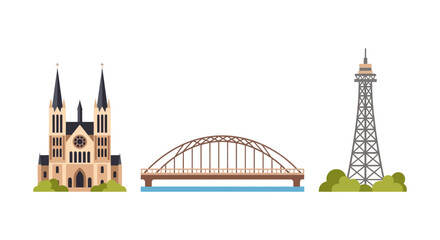 Obraz premium Historic landmark icons featuring cathedral bridge and tower