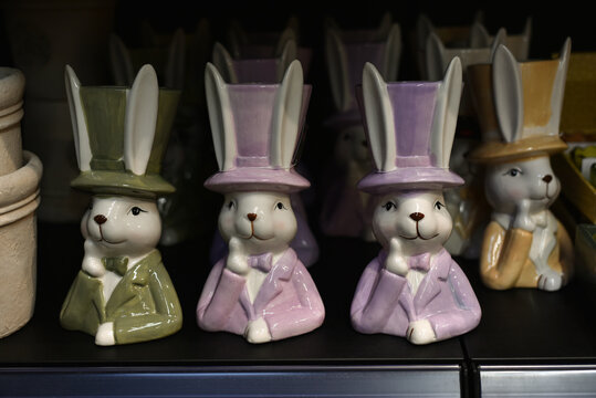 Easter holiday. Decorative Easter bunnies at the decor store.