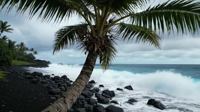 Black sand beach with palm tree swaying in the wind as ocean waves crash in Hawaii on a cloudy day