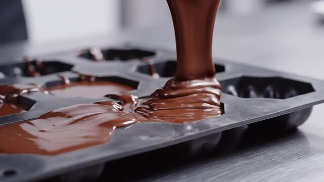 Pouring melted rich dark chocolate into a hexagonal silicone mold for gourmet dessert preparation