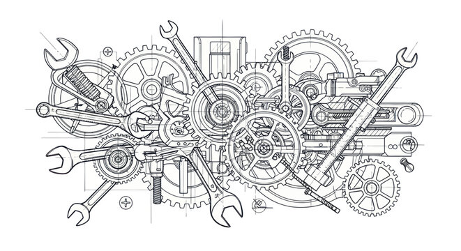 Blueprint of interlocking gears and wrenches, engineering concept, technical drawing