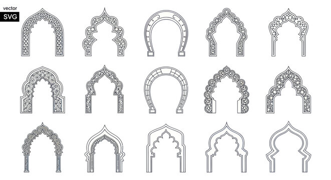 Collection of Ornate Indian Archways, Traditional Architectural Elements, Vector Illustrations
