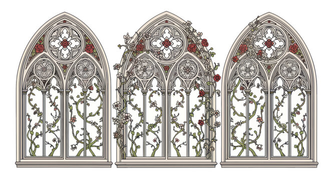 Gothic Window Arch with Roses and Vines, Ornate Architectural Element