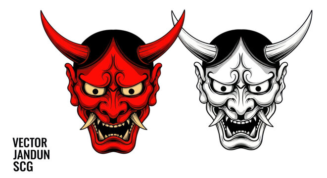 Japanese Oni Mask Vector Art - Red and White Demon Faces