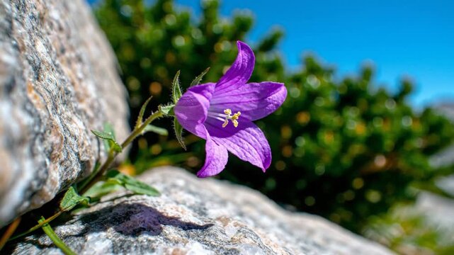 Close-up of a vibrant purple bellflower blooming amidst rough gray rocks and green foliage with a blue sky background.