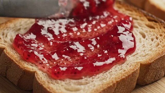 Spreading vibrant red fruit jam onto a slice of toasted white bread for a delicious snack