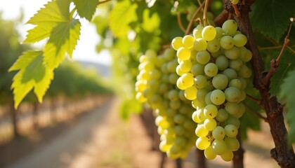 Fototapeta premium Bunches of ripe green grapes hang from vine in sunlit vineyard. Leaves, branches frame fruit, with rows of grapevines stretching into background. Scene suggests bountiful harvest in fertile