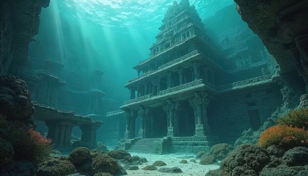 Ancient Indian temple complex submerged underwater. Stone architecture ruins with pillars, stairs overgrown with coral reefs. Sun rays penetrate blue ocean depth.