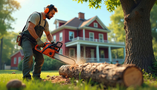 Man with chainsaw cuts log in yard near house. Worker uses power tool for tree maintenance. Safety gear protects him from wood chips and noise. Yard work ensures property safety and tidiness.