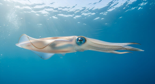 Transparent squid swimming under the blue ocean surface with sunlight rays passing through the water, realistic texture details and a clean natural underwater scene.