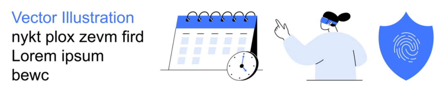 Data protection, identity verification, scheduling, time management, cybersecurity, privacy. Calendar with clock, person pointing shield with fingerprint. Identity verification and data protection