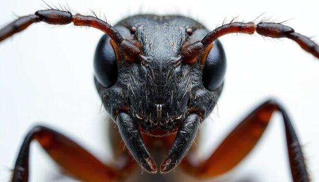 Extreme macro view of ant head shows detailed texture, big compound eyes, and segmented antennae. Tiny creature face pores and mouthparts are clearly visible. Black insect on white studio background.