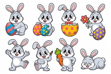 Obraz premium cute cartoon bunnies holding easter eggs isolated on transparent background