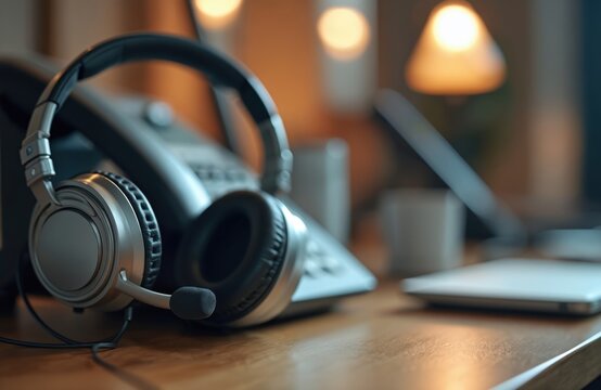Headset and phone sit on office desk. Modern tech equipment for calls and support work. Communication device on wooden table with blurred background.
