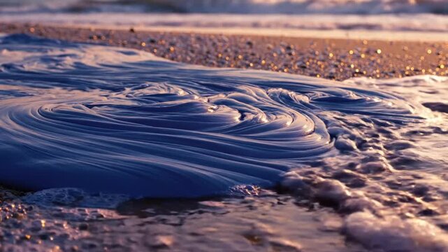 Mesmerizing close up view of swirling blue algae bloom in shallow ocean waters on a golden shore.