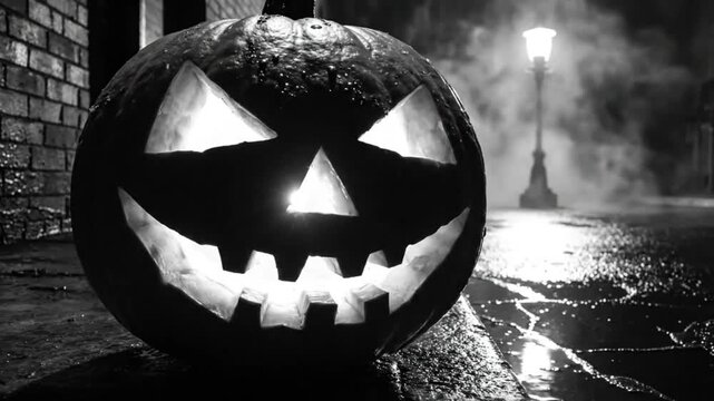Spooky carved jack o lantern with glowing eyes and wicked grin sits outside at night next to brick wall.