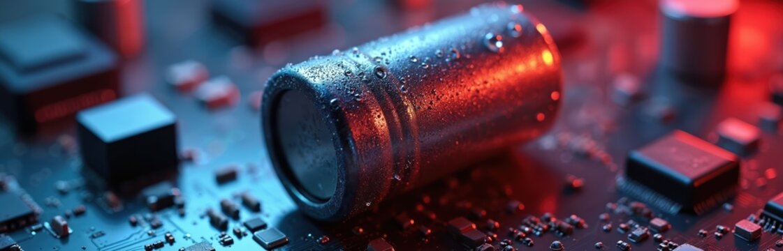Close-up macro view of damaged electrolytic capacitor on circuit board. Component shows signs of failure, with condensation droplets visible, suggesting malfunction overheating issue in electronic