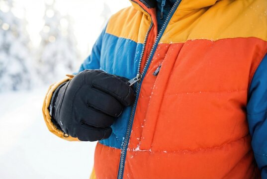 Person wearing black winter gloves zipping up a bright colorful insulated jacket in the snow